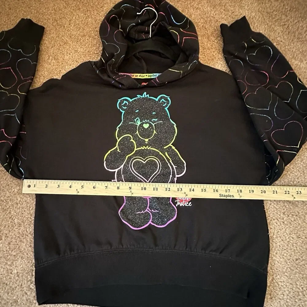 Care Bears Justice Girls L 12/14 Black Hoodie Rainbow Heart Graphic